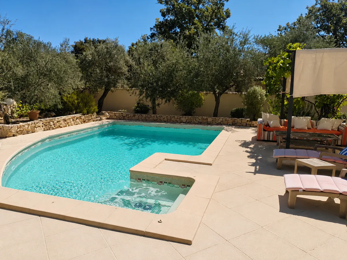 Piscine au soleil entourée d'oliviers avec bains de soleil